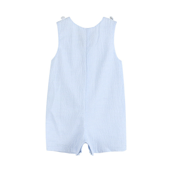 Light Blue Seersucker Pom Pom Bunny Shortalls