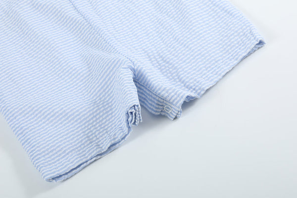 Light Blue Seersucker Pom Pom Bunny Shortalls