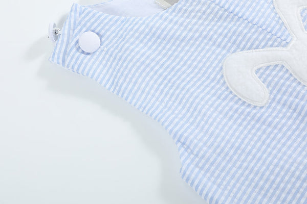 Light Blue Seersucker Pom Pom Bunny Shortalls