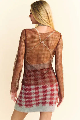 SPARKLING DIAMANTE DETAIL SHEER MESH MOCK NECK TOP