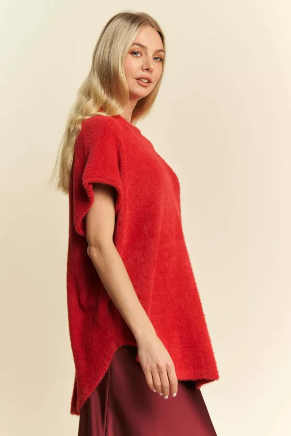 SOLID COZY MOCK NECK SHORT SLEEVE SWEATER KNIT TOP