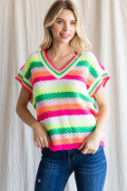 Multicolor Striped Print Knit Top W/ a V-neck, Curved SS