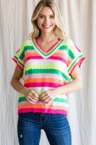 Multicolor Striped Print Knit Top W/ a V-neck, Curved SS