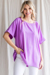 Solid Boxy Top W/ a Scoop Neckline, Back Pleated Detail and Cuffed SS