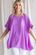 Solid Boxy Top W/ a Scoop Neckline, Back Pleated Detail and Cuffed SS