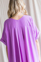 Solid Boxy Top W/ a Scoop Neckline, Back Pleated Detail and Cuffed SS