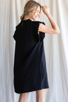 Solid Dress W/Frill Mock Neckline and Smocked Ruffle Cap Sleeves