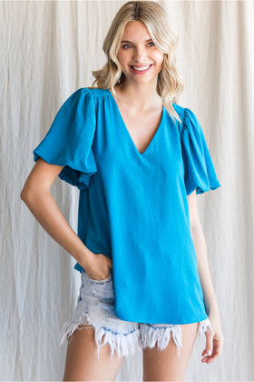 Solid Top W/V-Neck, Short Puffed Sleeves