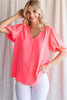 Solid Top W/V-Neck, Short Puffed Sleeves
