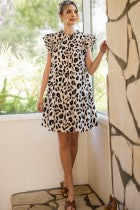Leopard Print Dress W/Frill Mock Neckline