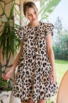 Leopard Print Dress W/Frill Mock Neckline