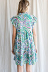 Pasley Pattern Print Baby Doll Dress W/ Frilled Mock Neck