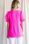 Solid Top W/V-Neck, Short Puffed Sleeves Organza Texture and Band Cuffs