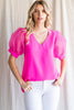 Solid Top W/V-Neck, Short Puffed Sleeves Organza Texture and Band Cuffs