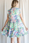 Mixed Floral Print Frill Neckline Baby Doll Dress W/Ruffle Cap Sleeves