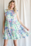 Mixed Floral Print Frill Neckline Baby Doll Dress W/Ruffle Cap Sleeves
