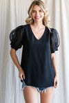Solid Top W/V-Neck, Short Puffed Sleeves Organza Texture and Band Cuffs