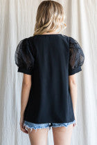 Solid Top W/V-Neck, Short Puffed Sleeves Organza Texture and Band Cuffs