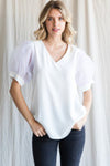 Solid Top W/V-Neck, Short Puffed Sleeves Organza Texture and Band Cuffs