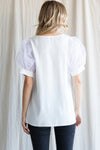 Solid Top W/V-Neck, Short Puffed Sleeves Organza Texture and Band Cuffs