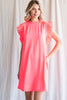 Solid Dress W/Frill Mock Neckline and Smocked Ruffle Cap Sleeves
