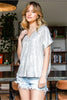Metallic Print Top W/ V-Neck, Short Curved Sleeves