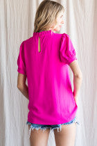 Solid Top W/Frilled Neck Ruched Bodice Back Key Hole Short Peasant Sleeves