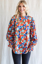 Floral Print Top W/ Frilled Neck