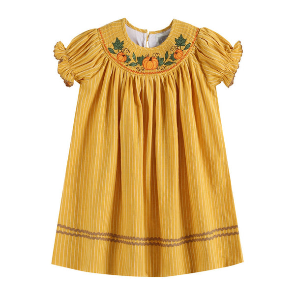 Mustard Pinstripe Fall Pumpkin Smocked Bishop Dress