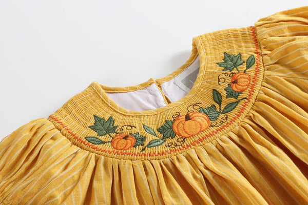Mustard Pinstripe Fall Pumpkin Smocked Bishop Dress