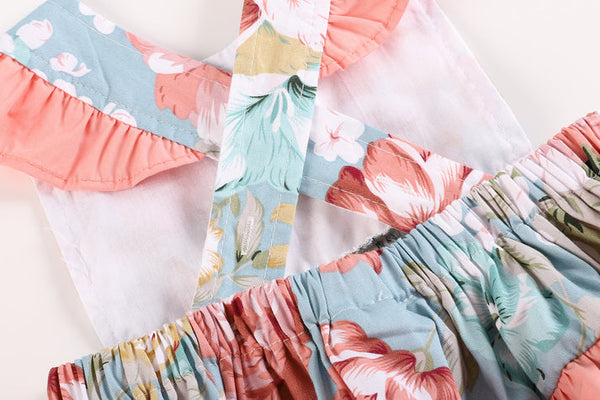 Pink and Blue Floral Print Ruffle Romper