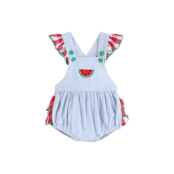 Light Blue Seersucker Watermelon Ruffle Romper