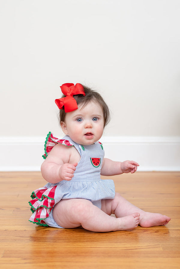 Light Blue Seersucker Watermelon Ruffle Romper