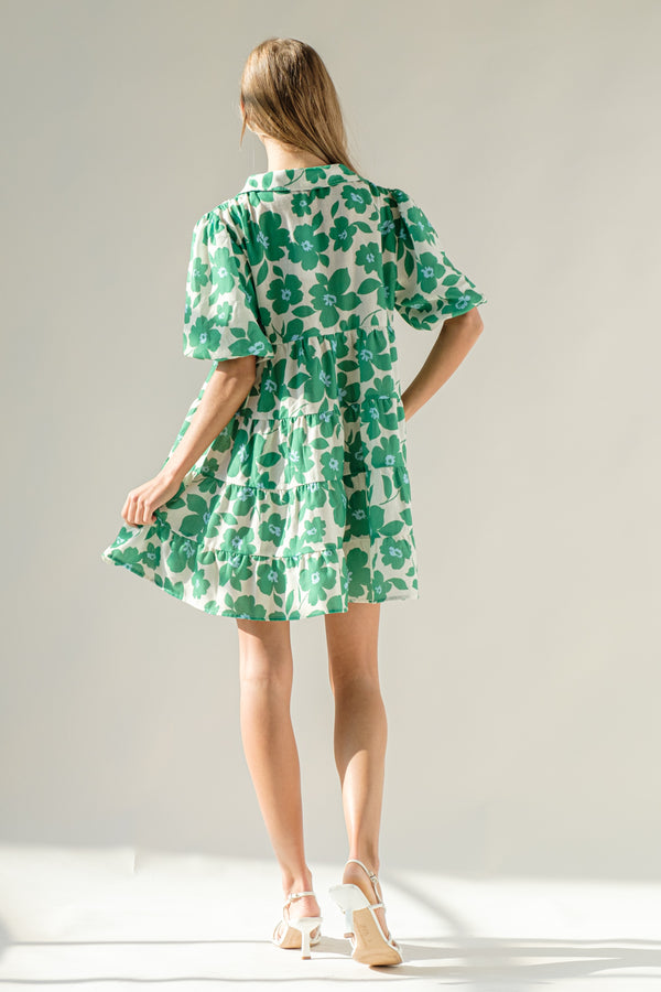 POP OF COLOR LINEN LOOK POLY WOVEN TIERED PUFF SLV MINI DRESS