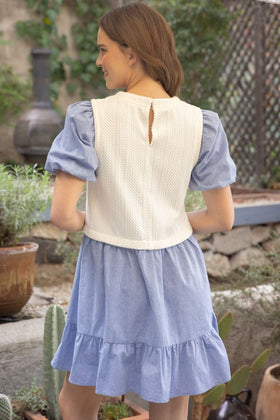 TEXTURED BODICE DENIM SHORT SLEEVE TIERED DRESS