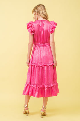 V NECK BUTTON DETAIL RUFFLE TIERED SLIT FRONT MIDI DRESS