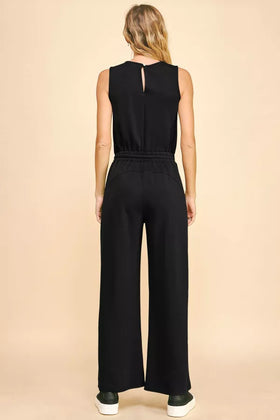 SOLID BOAT NECK SLEEVELESS BODICE POCKET JUMPSUIT