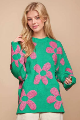 METALLIC FLORAL PATTERN PULLOVER SWEATER TOP