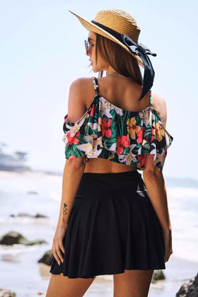 TROPICAL PRINTED OFF SHOULDER TWO PIECE SWIMSUIT