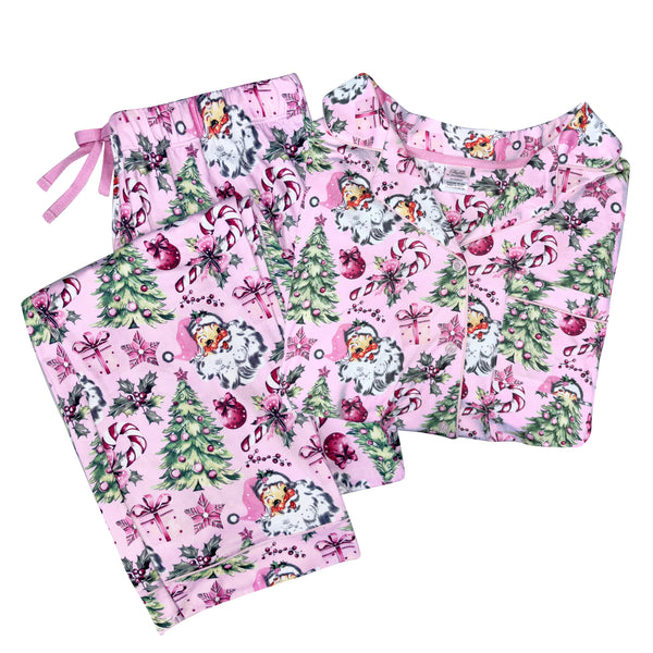Pink Vintage Holiday Button Down Loungewear Set