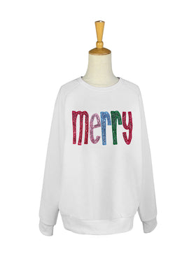 Merry Sequin Letter Sweatshirt - White