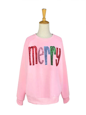 Merry Sequin Letter Sweatshirt - Pink