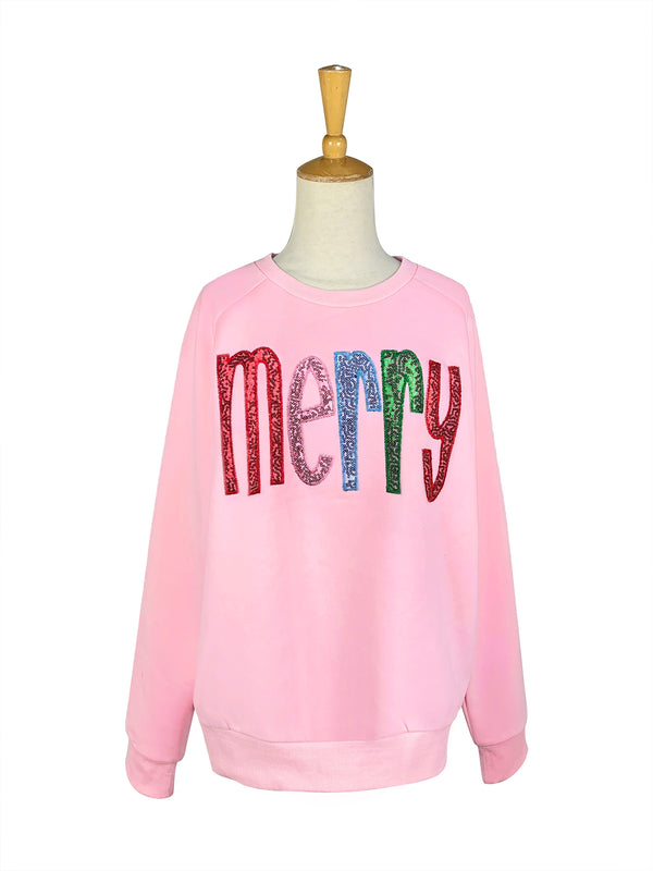 Merry Sequin Letter Sweatshirt - Pink