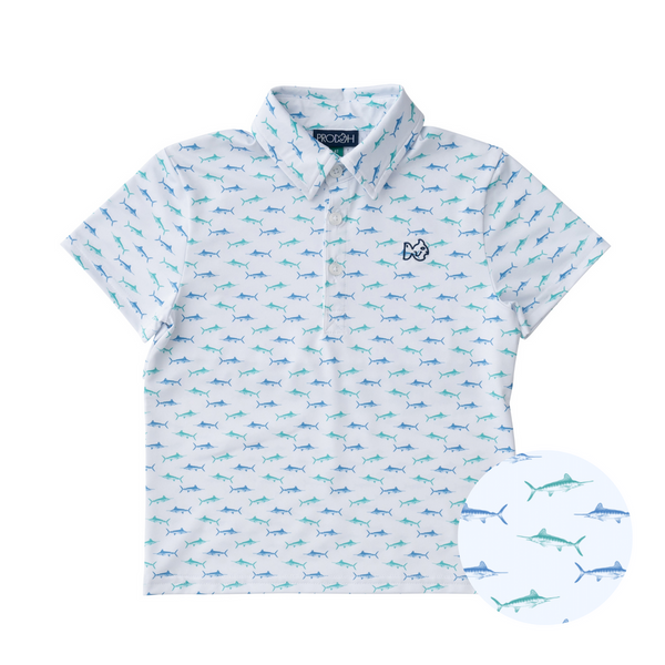 Boys Short Sleeve Pro Performance Polo in Fish Print on White