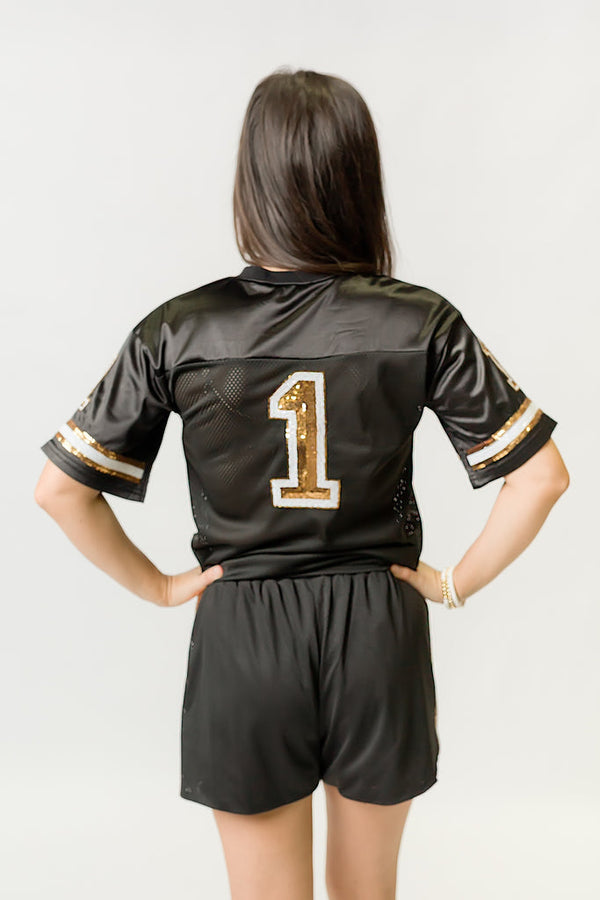 Belle Cher Black and Gold Sequin Jersey