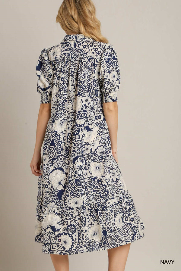 PAISLEY PRINT V NEVK COLLARED TIERED DRESS W/PUFF SLEEVES & SMOCKED CUFFS