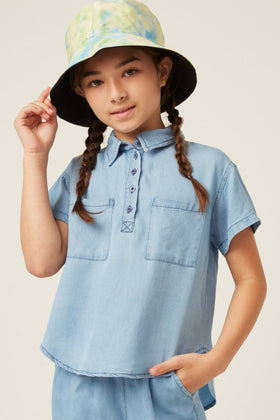 Girls Washed Tencel Pocketed Collared Shirt