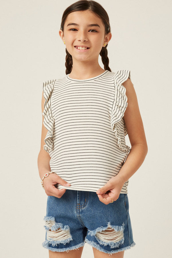 Girls Ribbed Stripe Ruffled Tank