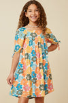 Girls Earthy Floral Square Neck Tie Sleeve Dress