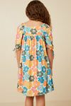 Girls Earthy Floral Square Neck Tie Sleeve Dress